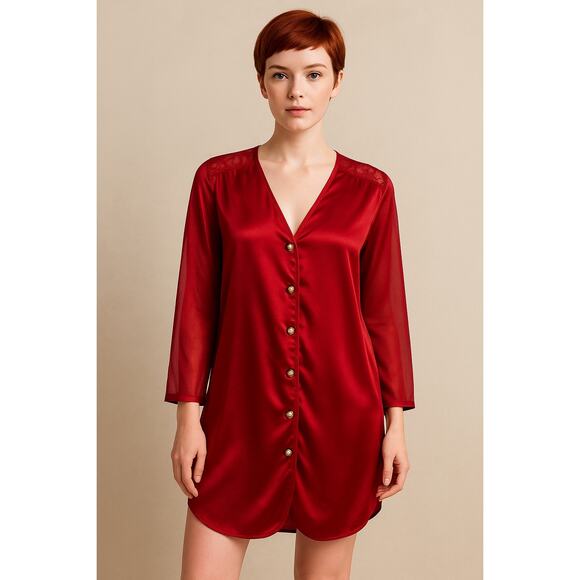 Vintage gold label Victoria’s Secret Red Satin Sheer Sleeve Button Blouse M/L - Picture 1 of 7